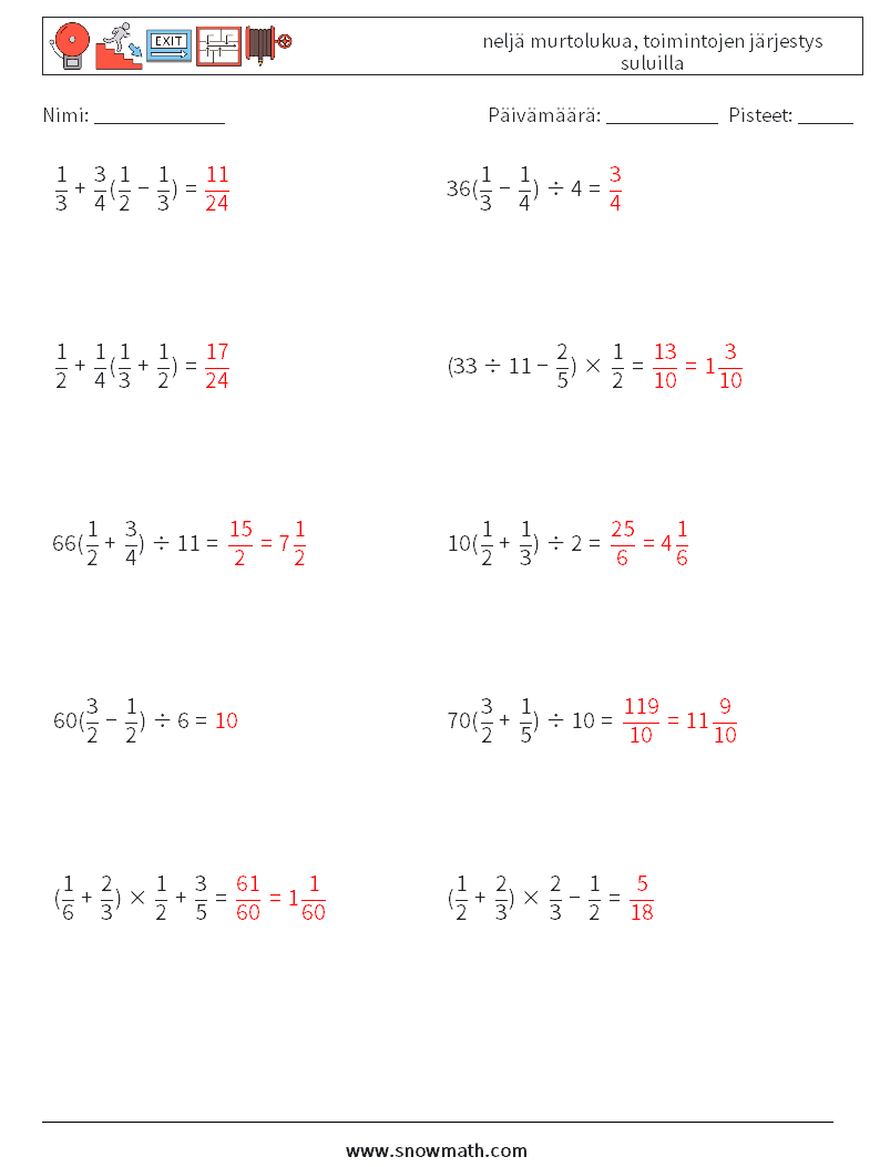 (10) neljä murtolukua, toimintojen järjestys suluilla Matematiikan laskentataulukot 10 Kysymys, vastaus