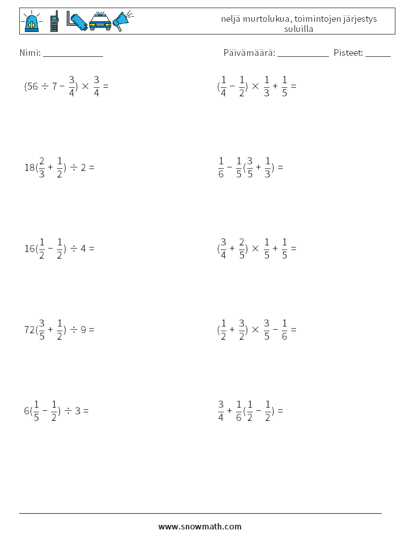 (10) neljä murtolukua, toimintojen järjestys suluilla Matematiikan laskentataulukot 11