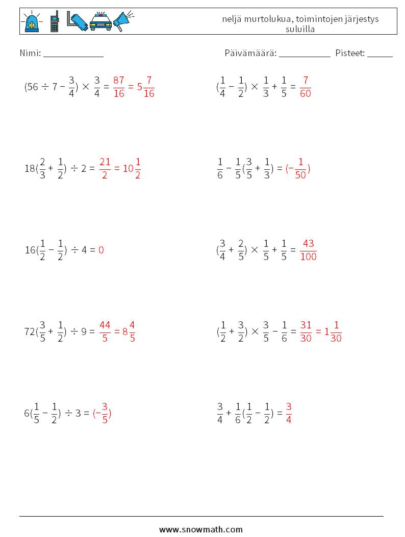 (10) neljä murtolukua, toimintojen järjestys suluilla Matematiikan laskentataulukot 11 Kysymys, vastaus