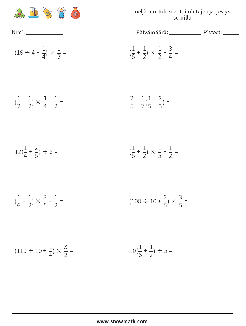 (10) neljä murtolukua, toimintojen järjestys suluilla Matematiikan laskentataulukot 12