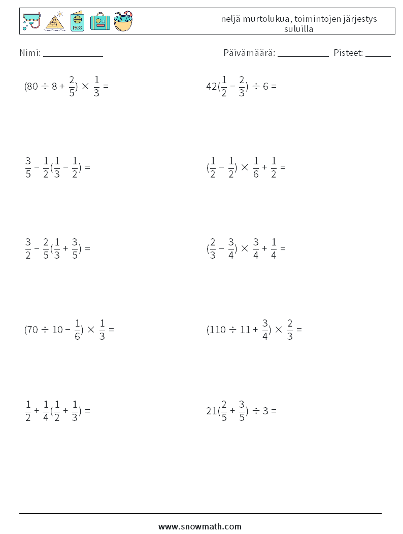 (10) neljä murtolukua, toimintojen järjestys suluilla Matematiikan laskentataulukot 13
