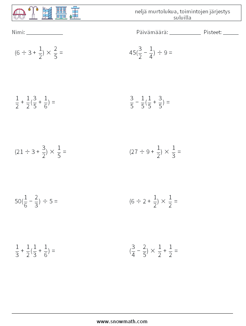 (10) neljä murtolukua, toimintojen järjestys suluilla Matematiikan laskentataulukot 14