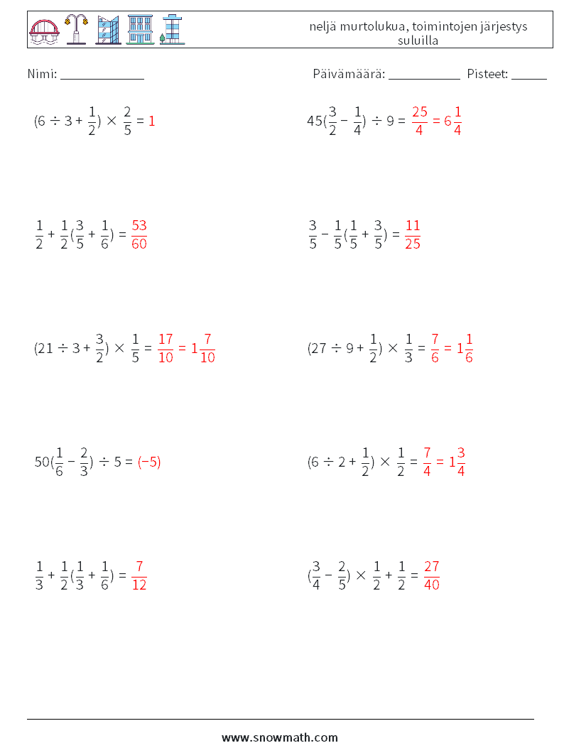 (10) neljä murtolukua, toimintojen järjestys suluilla Matematiikan laskentataulukot 14 Kysymys, vastaus