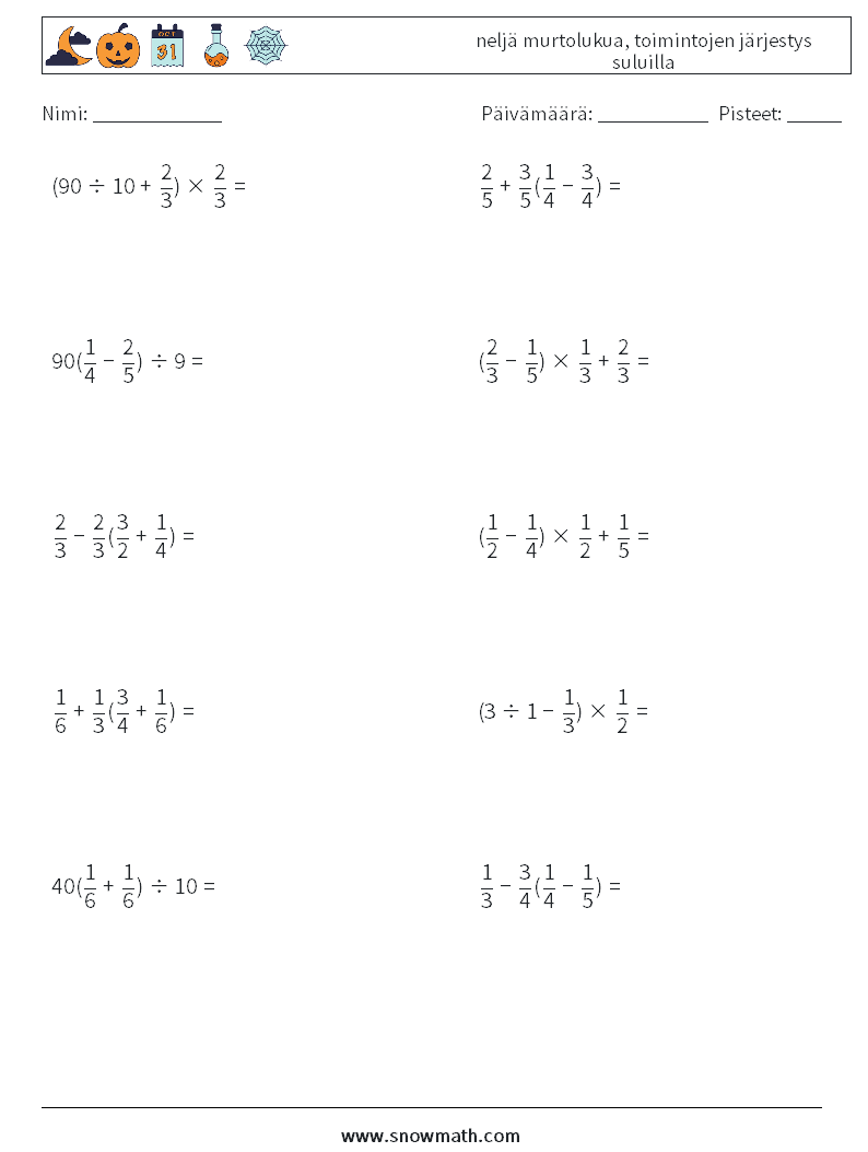(10) neljä murtolukua, toimintojen järjestys suluilla Matematiikan laskentataulukot 15