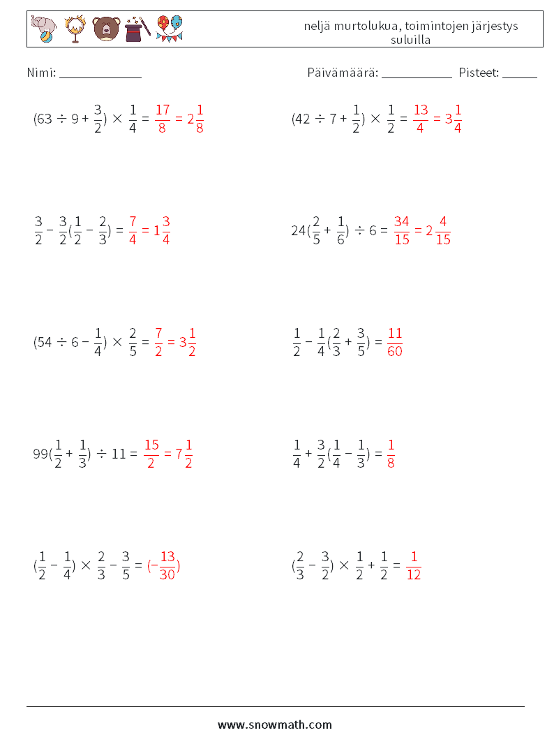 (10) neljä murtolukua, toimintojen järjestys suluilla Matematiikan laskentataulukot 17 Kysymys, vastaus
