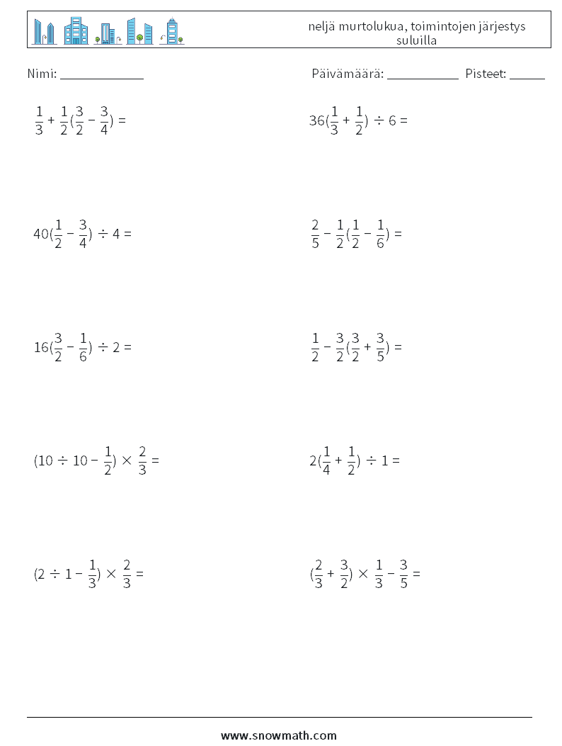 (10) neljä murtolukua, toimintojen järjestys suluilla Matematiikan laskentataulukot 18