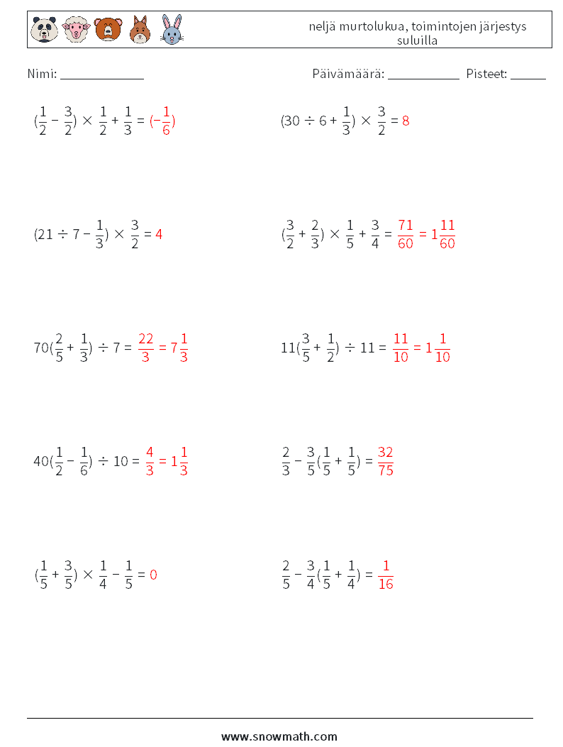 (10) neljä murtolukua, toimintojen järjestys suluilla Matematiikan laskentataulukot 1 Kysymys, vastaus
