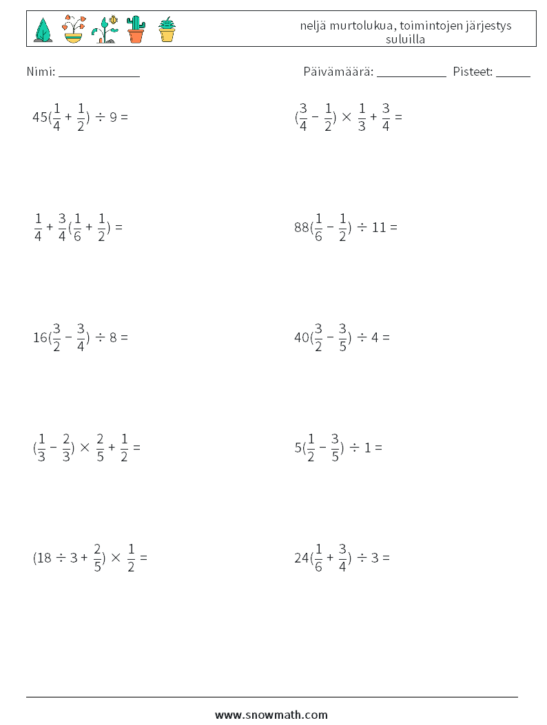 (10) neljä murtolukua, toimintojen järjestys suluilla Matematiikan laskentataulukot 2