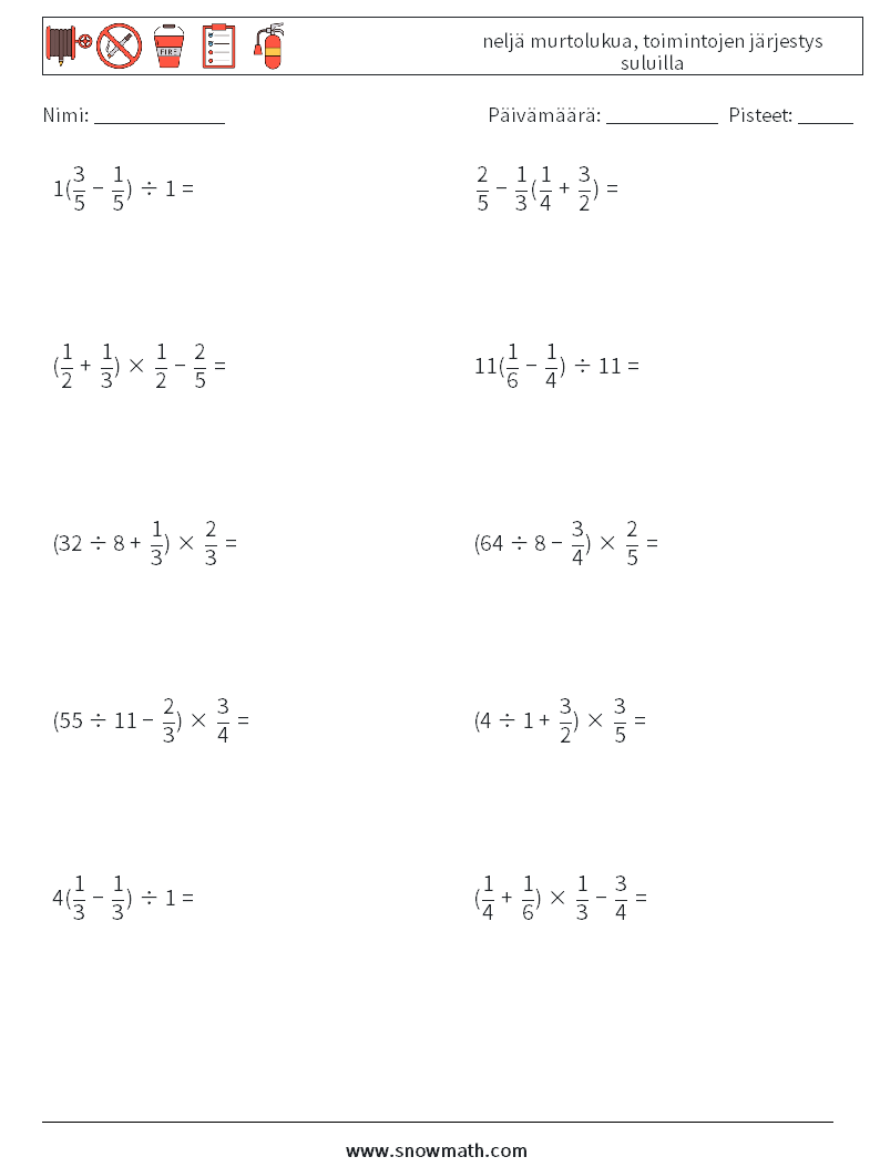 (10) neljä murtolukua, toimintojen järjestys suluilla Matematiikan laskentataulukot 3