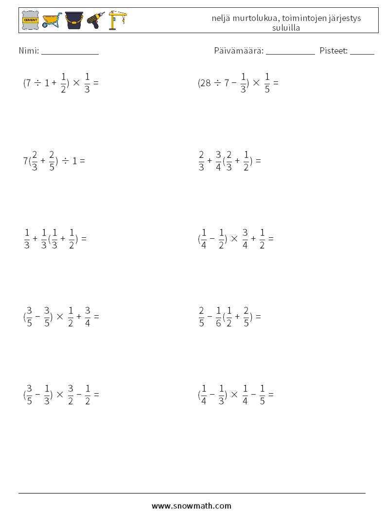 (10) neljä murtolukua, toimintojen järjestys suluilla Matematiikan laskentataulukot 4