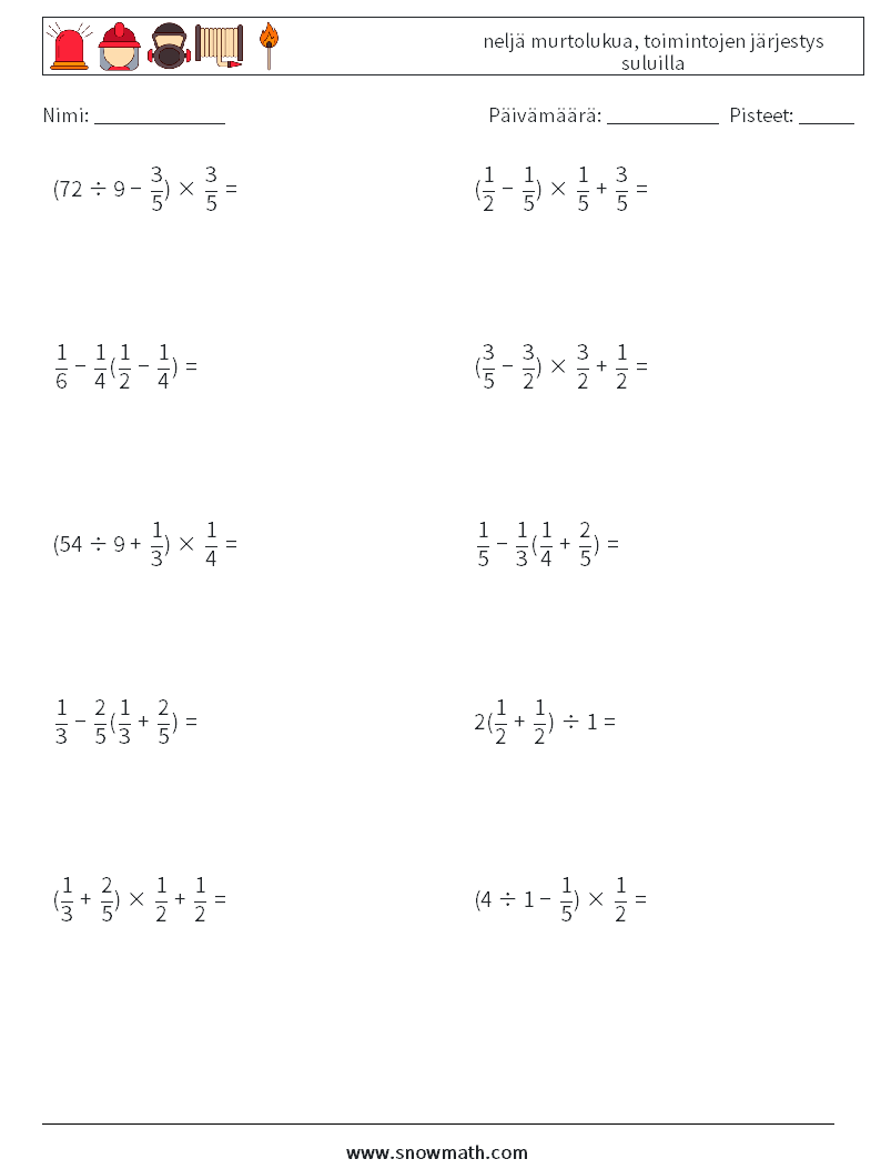 (10) neljä murtolukua, toimintojen järjestys suluilla Matematiikan laskentataulukot 5