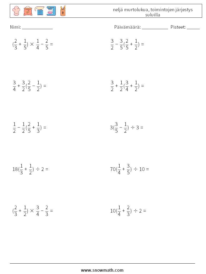 (10) neljä murtolukua, toimintojen järjestys suluilla Matematiikan laskentataulukot 8