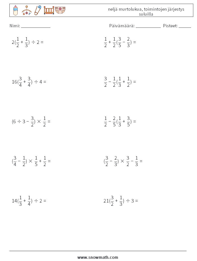 (10) neljä murtolukua, toimintojen järjestys suluilla Matematiikan laskentataulukot 9