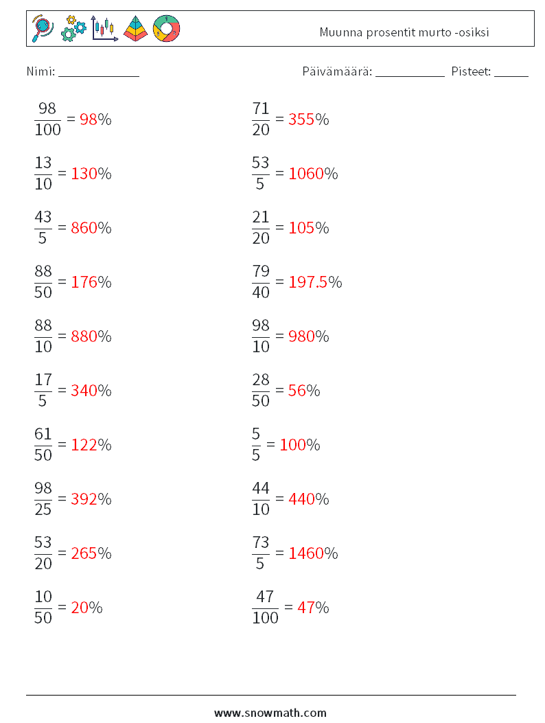 Muunna prosentit murto -osiksi Matematiikan laskentataulukot 5 Kysymys, vastaus