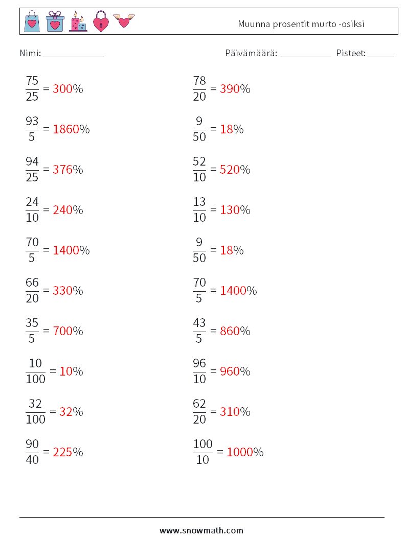 Muunna prosentit murto -osiksi Matematiikan laskentataulukot 6 Kysymys, vastaus
