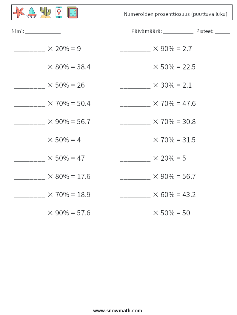 Numeroiden prosenttiosuus (puuttuva luku) Matematiikan laskentataulukot 2