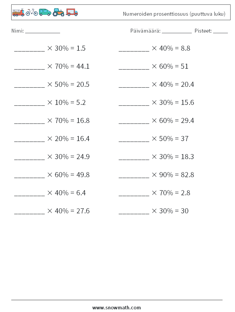 Numeroiden prosenttiosuus (puuttuva luku) Matematiikan laskentataulukot 3
