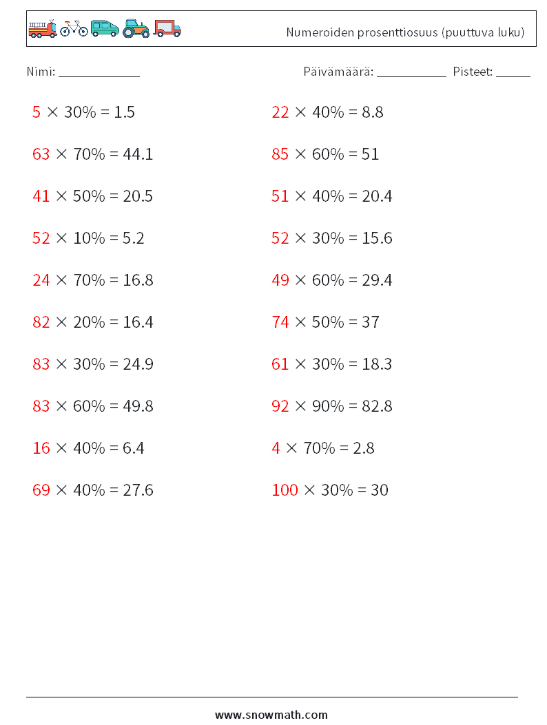 Numeroiden prosenttiosuus (puuttuva luku) Matematiikan laskentataulukot 3 Kysymys, vastaus