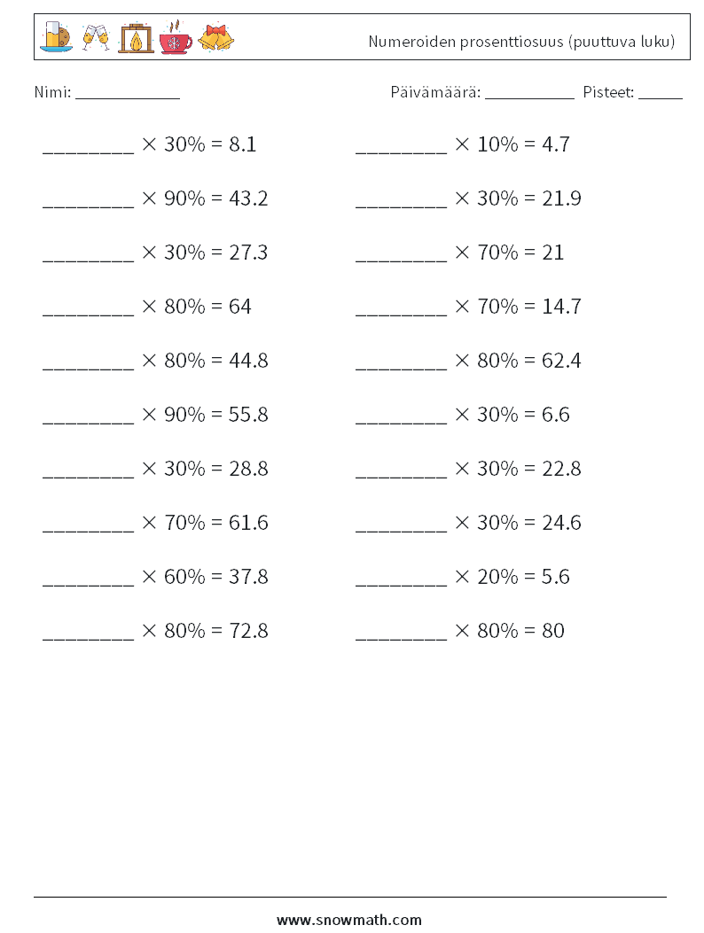 Numeroiden prosenttiosuus (puuttuva luku) Matematiikan laskentataulukot 4