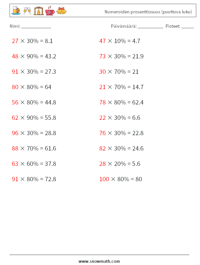 Numeroiden prosenttiosuus (puuttuva luku) Matematiikan laskentataulukot 4 Kysymys, vastaus