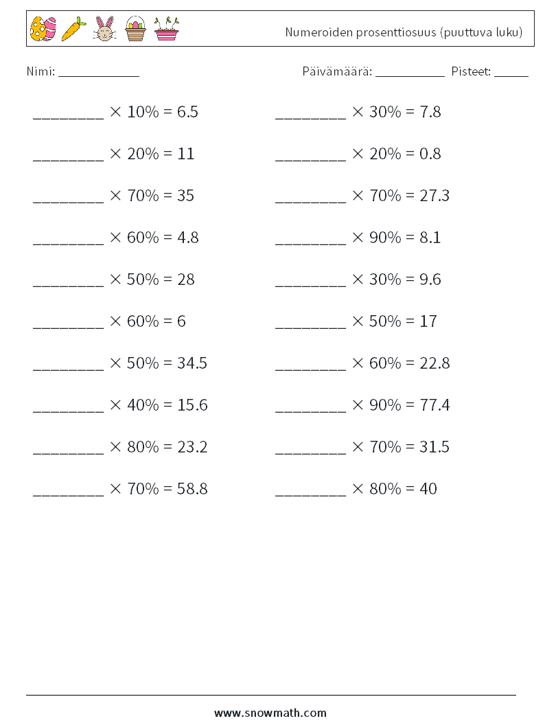 Numeroiden prosenttiosuus (puuttuva luku) Matematiikan laskentataulukot 5