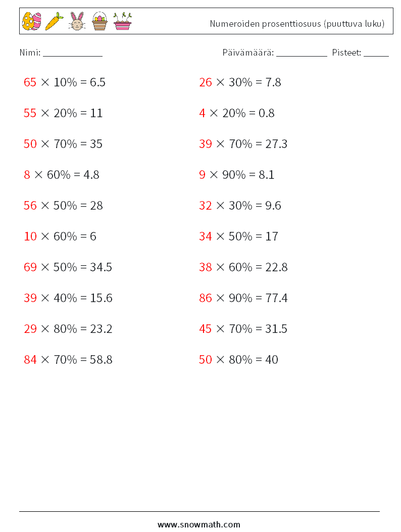 Numeroiden prosenttiosuus (puuttuva luku) Matematiikan laskentataulukot 5 Kysymys, vastaus