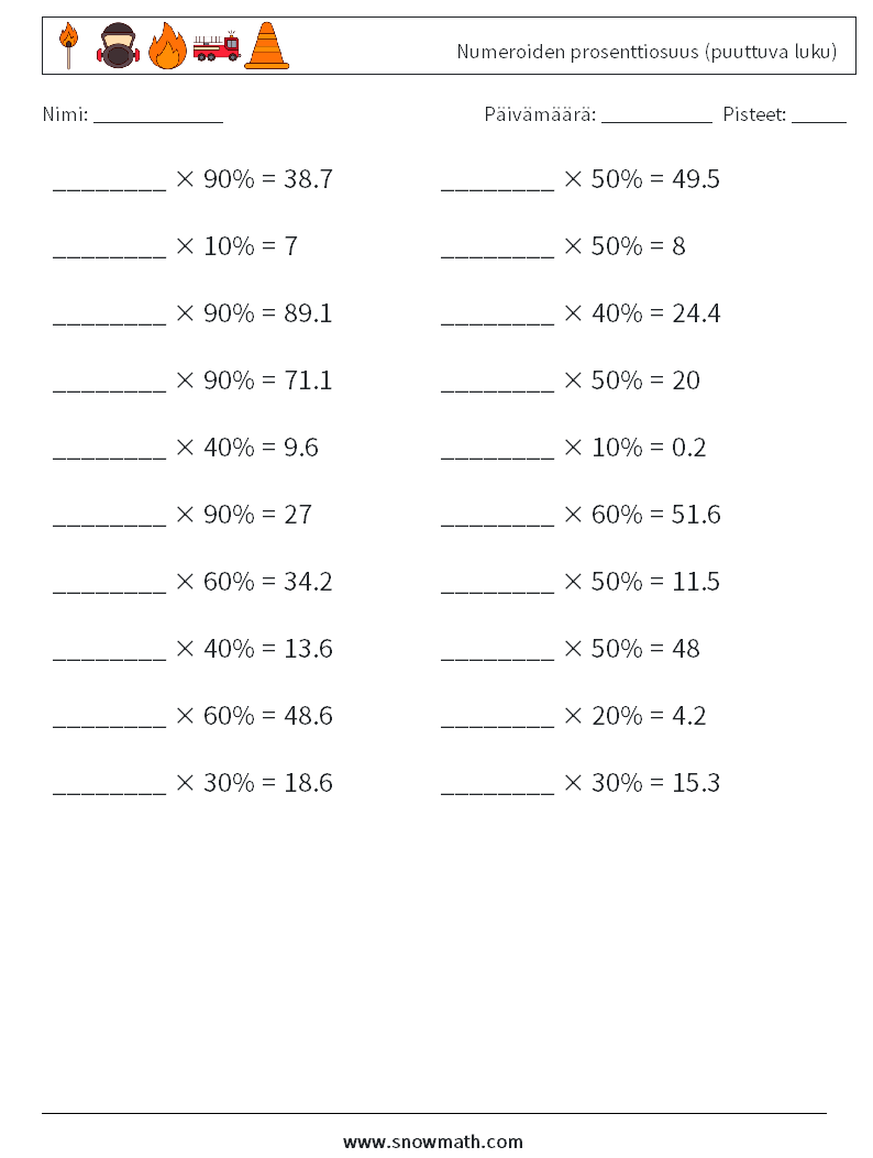 Numeroiden prosenttiosuus (puuttuva luku) Matematiikan laskentataulukot 6