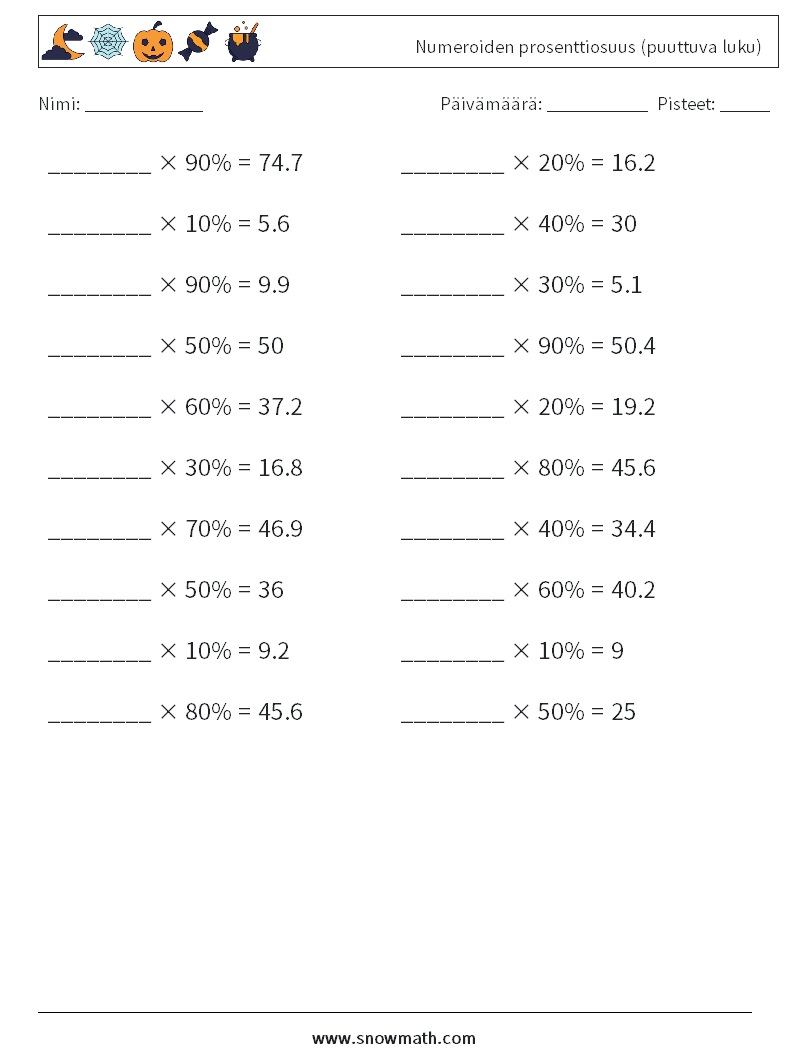 Numeroiden prosenttiosuus (puuttuva luku) Matematiikan laskentataulukot 7