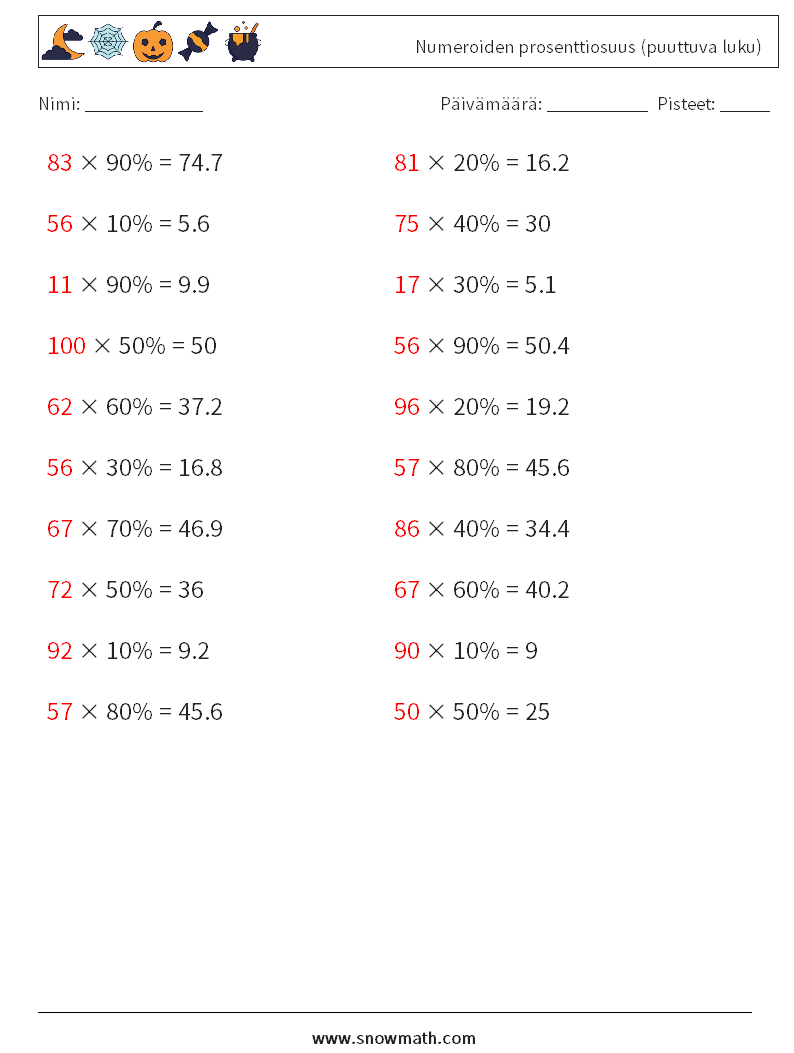 Numeroiden prosenttiosuus (puuttuva luku) Matematiikan laskentataulukot 7 Kysymys, vastaus