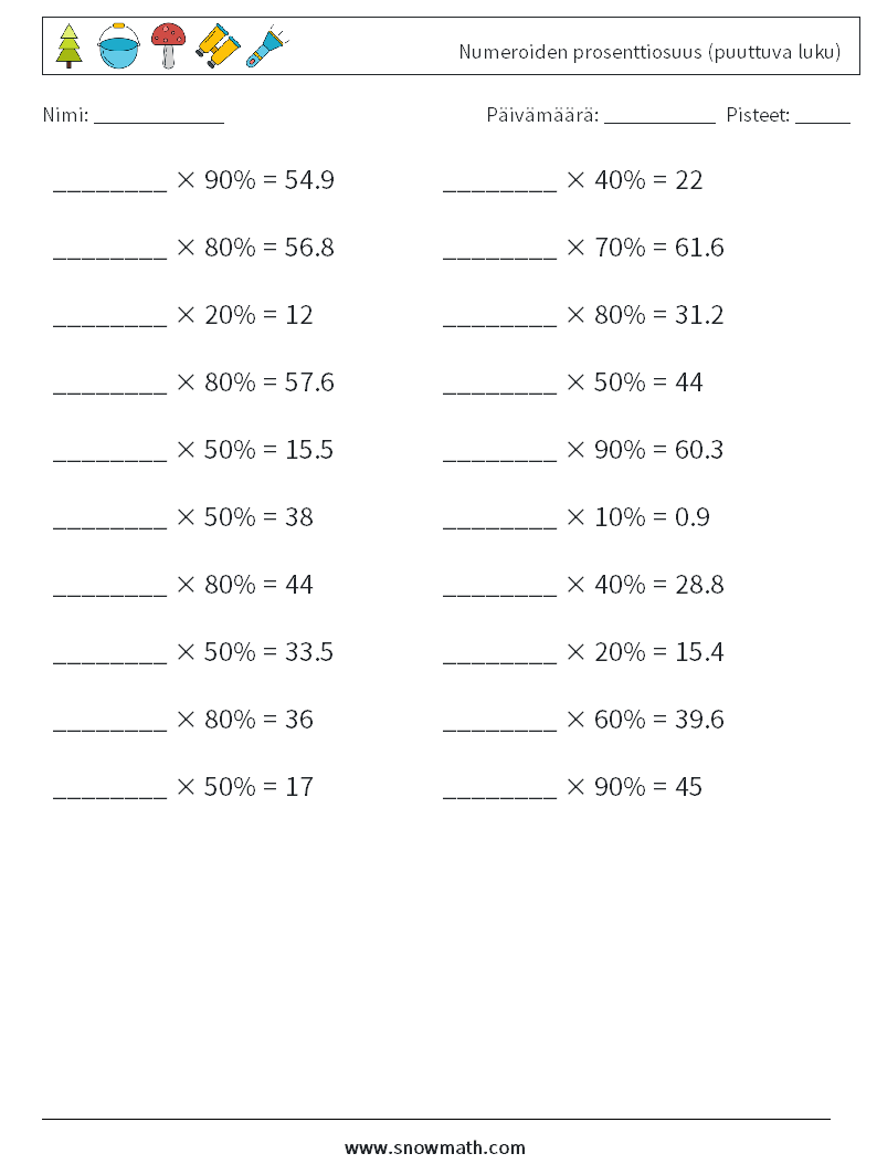 Numeroiden prosenttiosuus (puuttuva luku) Matematiikan laskentataulukot 8