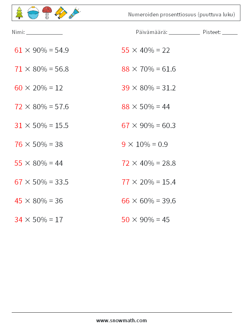 Numeroiden prosenttiosuus (puuttuva luku) Matematiikan laskentataulukot 8 Kysymys, vastaus