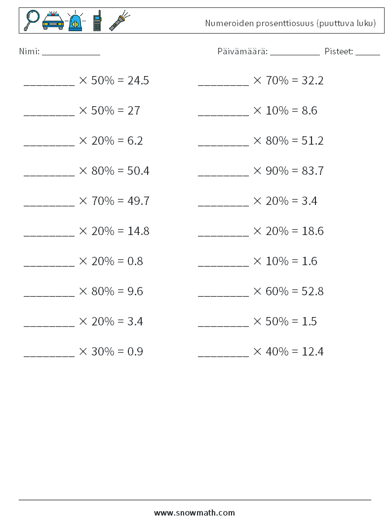 Numeroiden prosenttiosuus (puuttuva luku) Matematiikan laskentataulukot 9