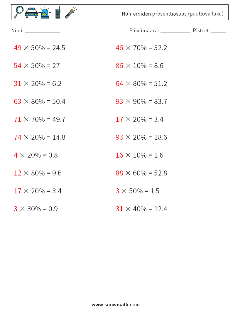 Numeroiden prosenttiosuus (puuttuva luku) Matematiikan laskentataulukot 9 Kysymys, vastaus