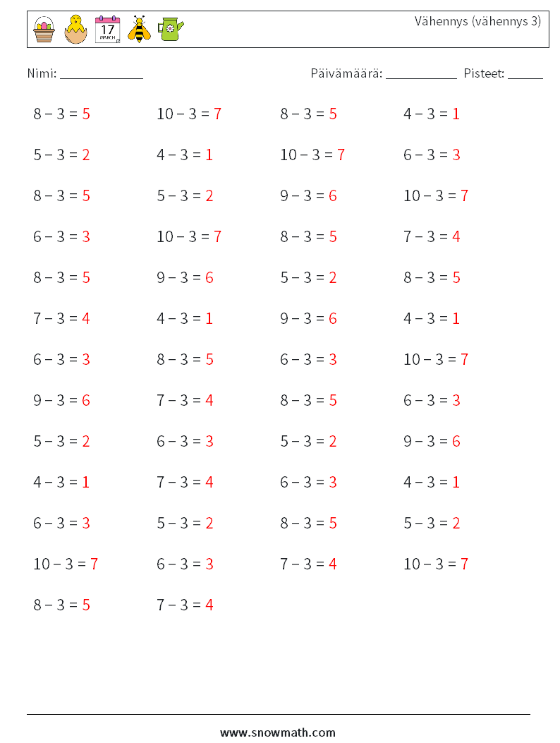 (50) Vähennys (vähennys 3) Matematiikan laskentataulukot 2 Kysymys, vastaus