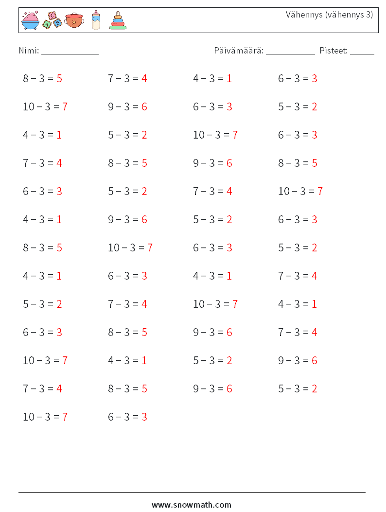 (50) Vähennys (vähennys 3) Matematiikan laskentataulukot 4 Kysymys, vastaus