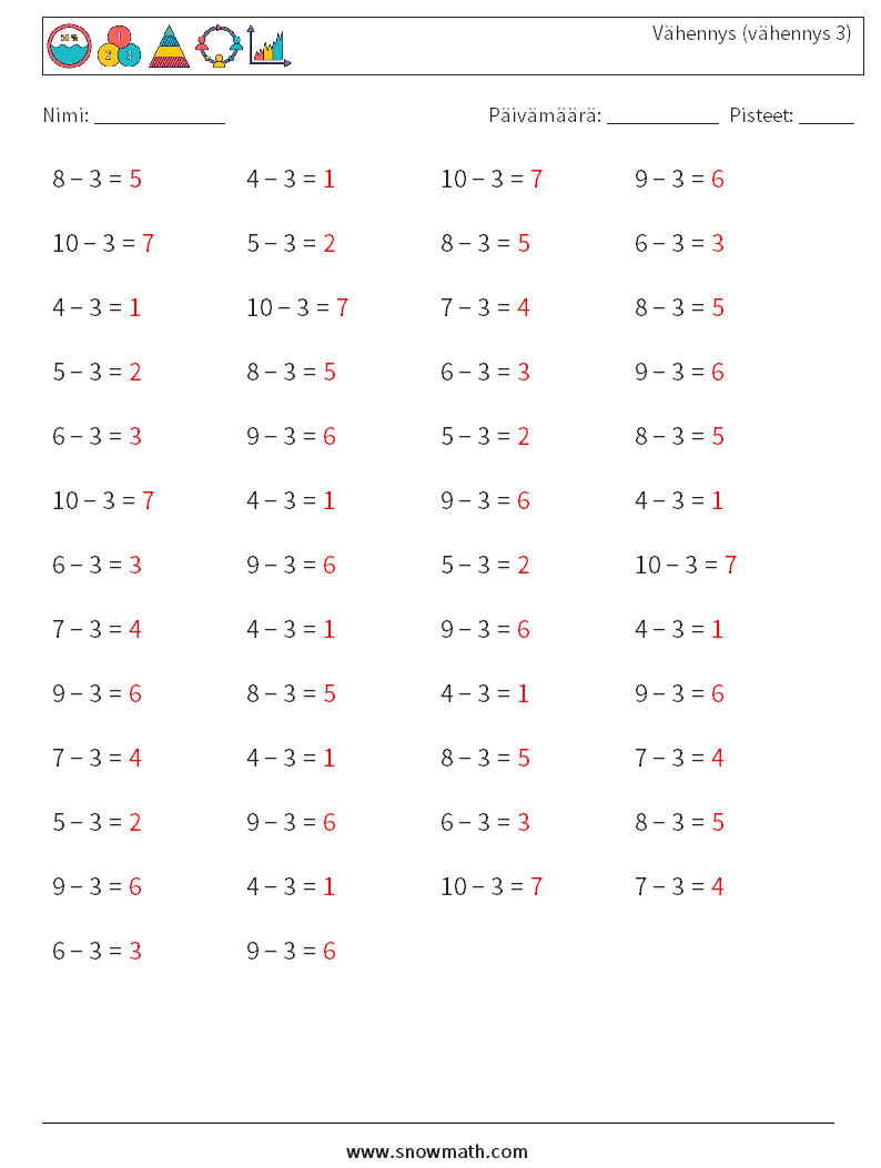 (50) Vähennys (vähennys 3) Matematiikan laskentataulukot 5 Kysymys, vastaus