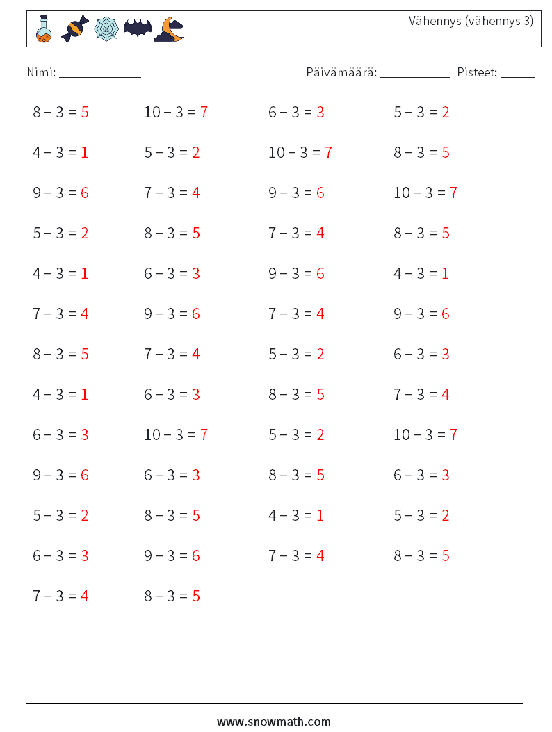 (50) Vähennys (vähennys 3) Matematiikan laskentataulukot 6 Kysymys, vastaus
