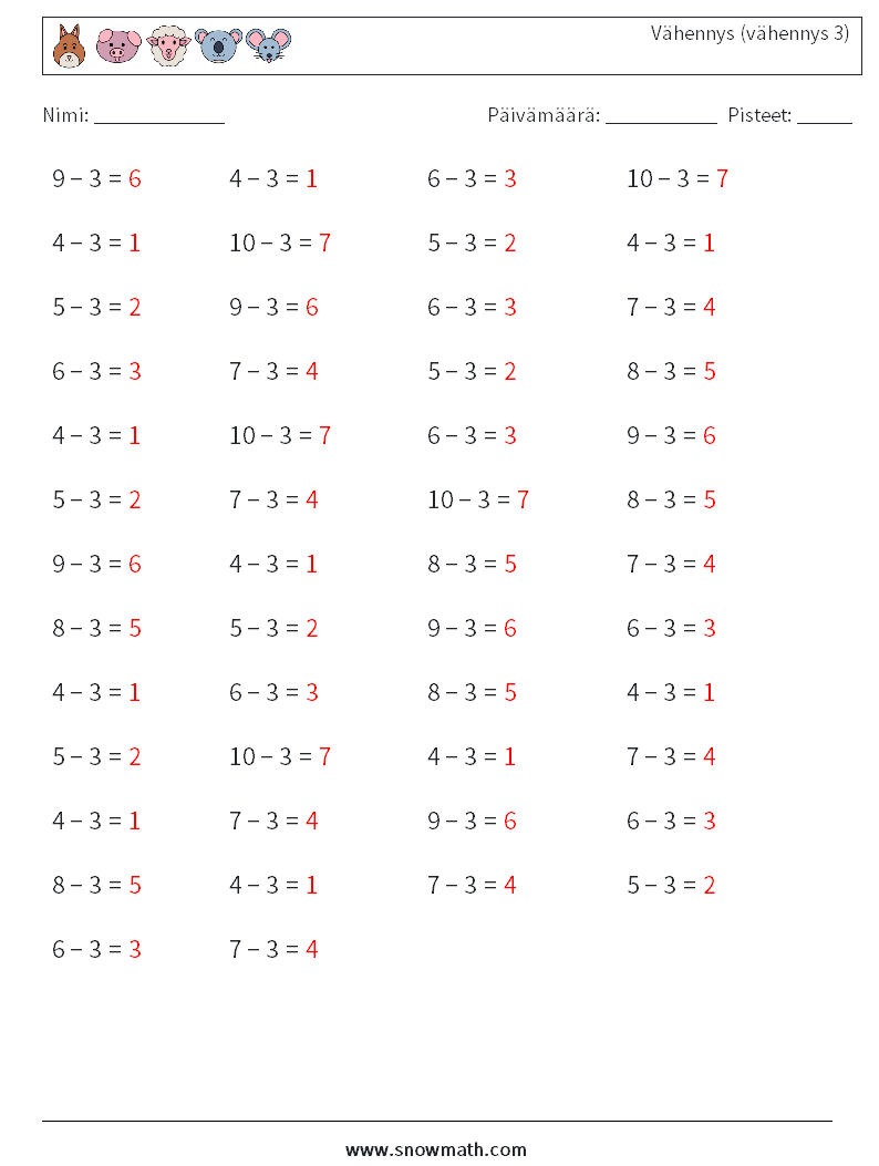 (50) Vähennys (vähennys 3) Matematiikan laskentataulukot 7 Kysymys, vastaus
