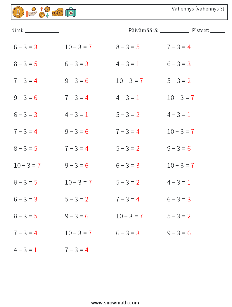 (50) Vähennys (vähennys 3) Matematiikan laskentataulukot 8 Kysymys, vastaus