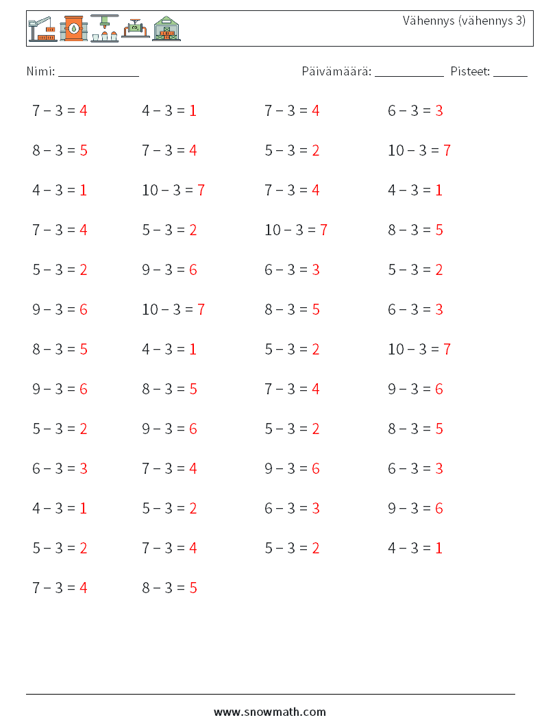 (50) Vähennys (vähennys 3) Matematiikan laskentataulukot 9 Kysymys, vastaus