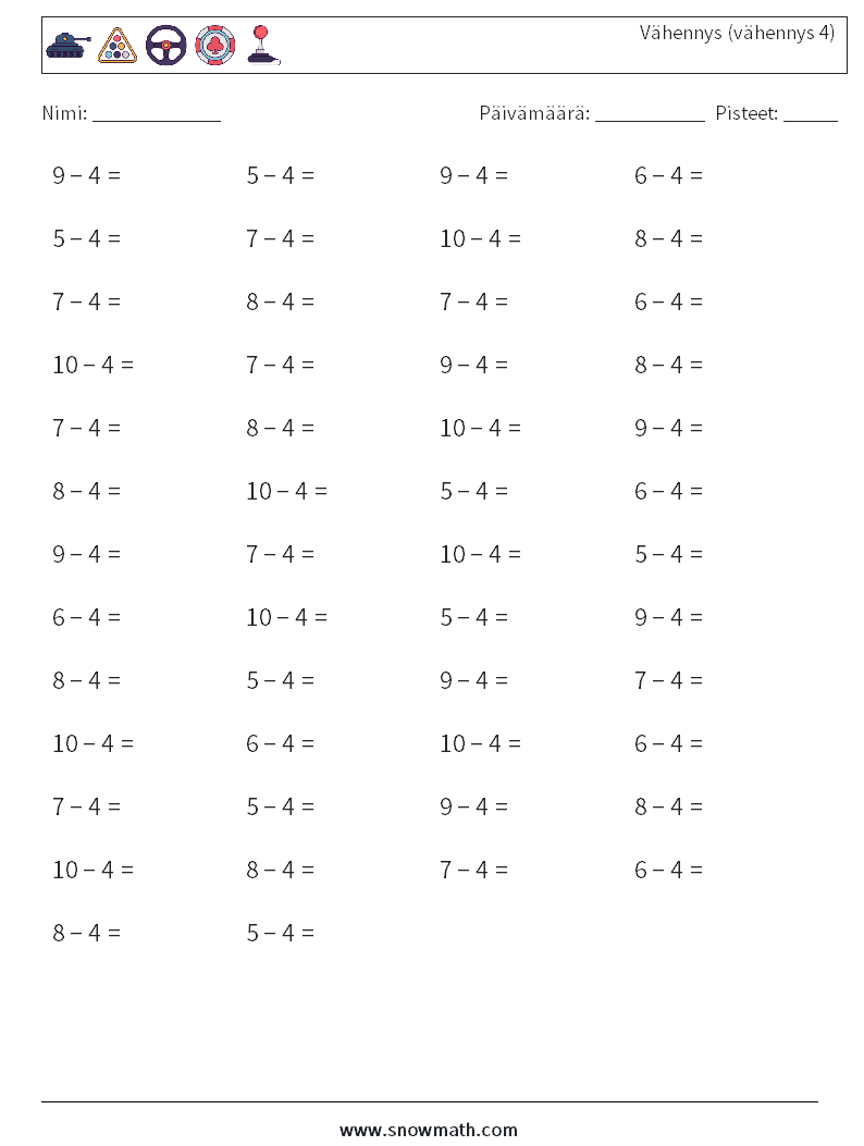 (50) Vähennys (vähennys 4) Matematiikan laskentataulukot 2