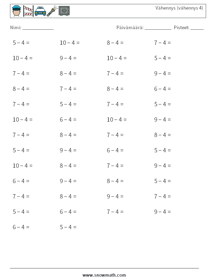 (50) Vähennys (vähennys 4) Matematiikan laskentataulukot 3