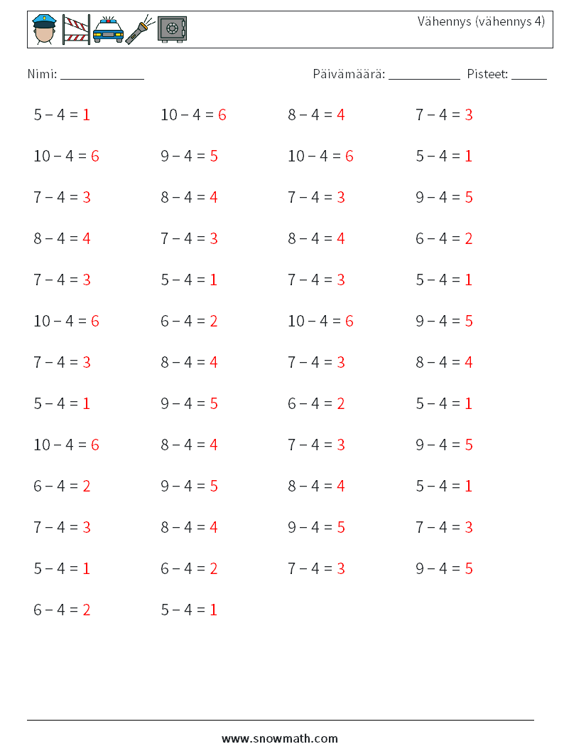 (50) Vähennys (vähennys 4) Matematiikan laskentataulukot 3 Kysymys, vastaus