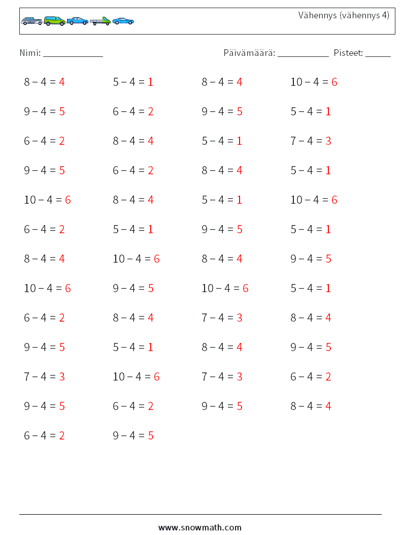 (50) Vähennys (vähennys 4) Matematiikan laskentataulukot 7 Kysymys, vastaus