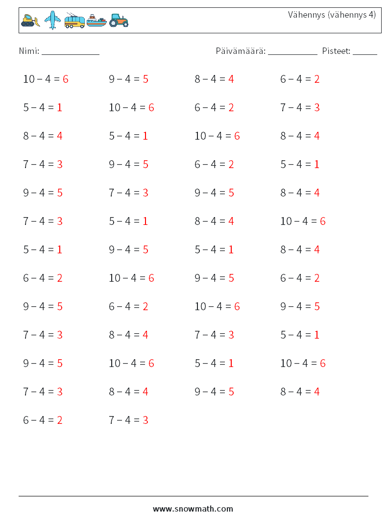 (50) Vähennys (vähennys 4) Matematiikan laskentataulukot 9 Kysymys, vastaus