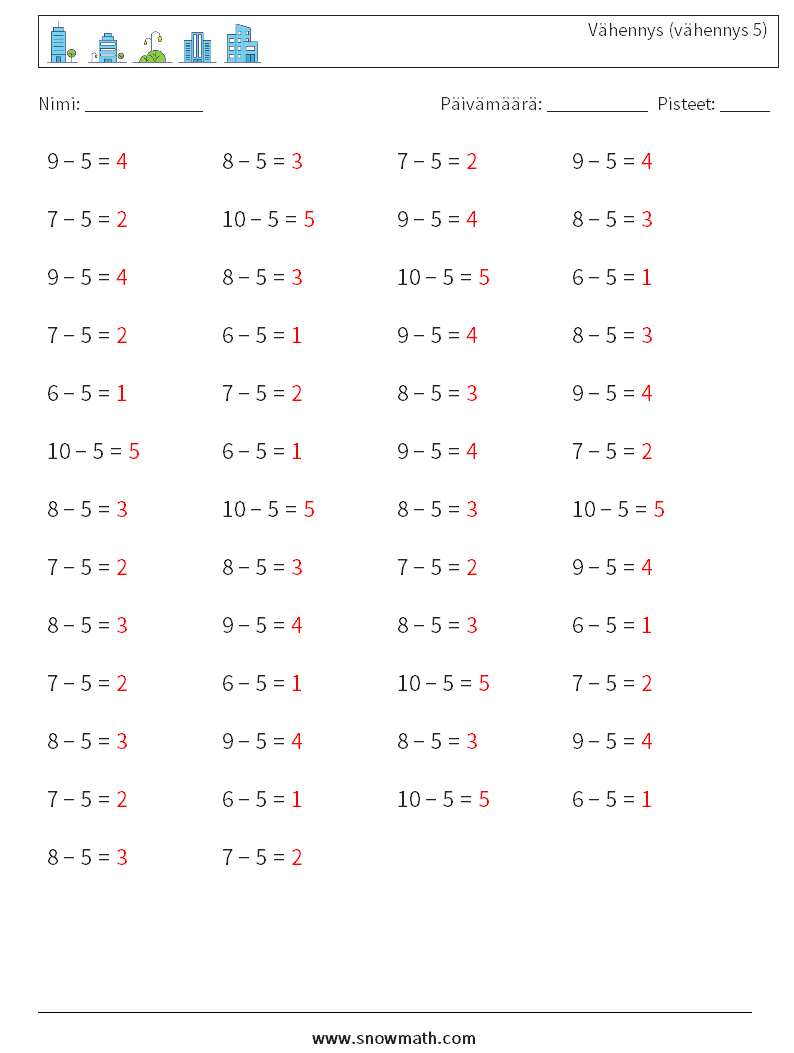 (50) Vähennys (vähennys 5) Matematiikan laskentataulukot 5 Kysymys, vastaus