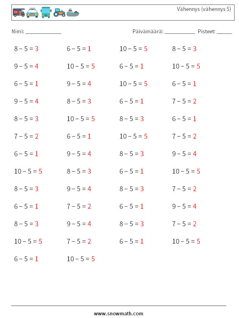 (50) Vähennys (vähennys 5) Matematiikan laskentataulukot 9 Kysymys, vastaus