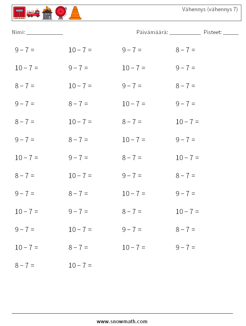 (50) Vähennys (vähennys 7) Matematiikan laskentataulukot 4