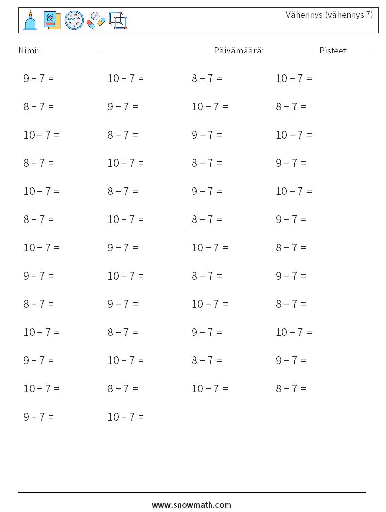 (50) Vähennys (vähennys 7) Matematiikan laskentataulukot 5