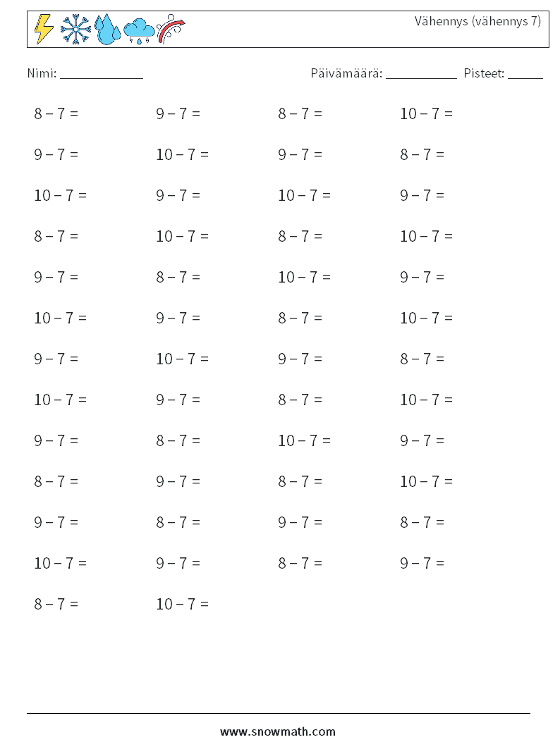 (50) Vähennys (vähennys 7) Matematiikan laskentataulukot 7